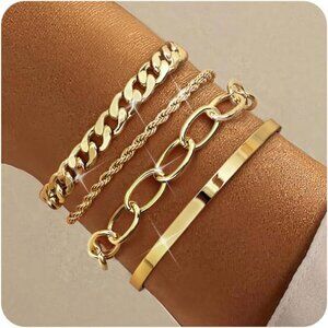 16k Chunky Gold Bracelets for Women Non Tarnish, Womens Gold Bracelet Stack Laye